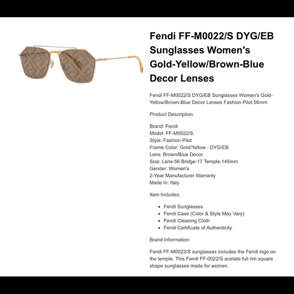 UNISEX FENDI MONOGRAM ANGULAR AVIATOR SUNGLASSES - Picture 4 of 16